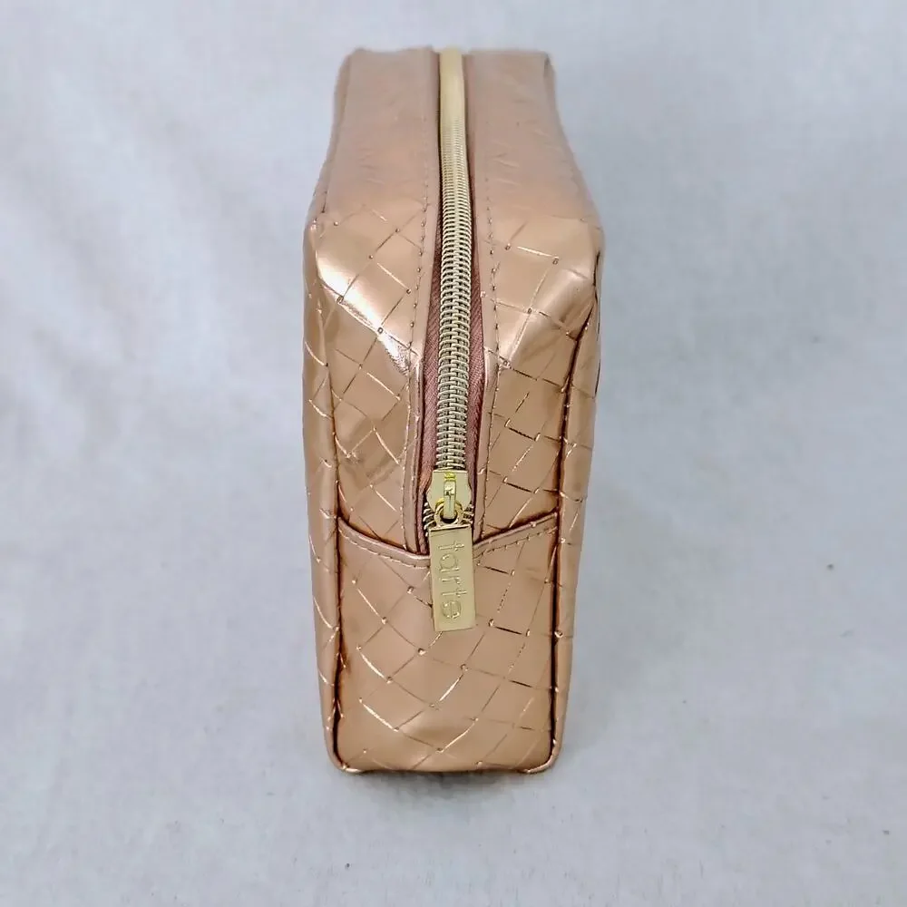 Tarte Rose Gold Pink Zip Makeup Cosmetic Bag Case Travel Woven Pattern NEW